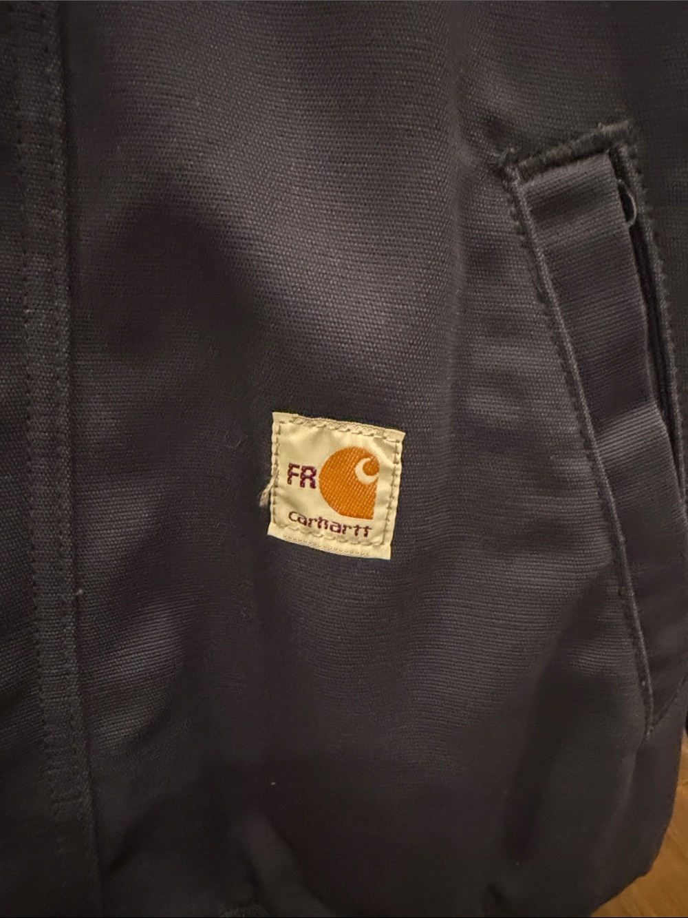 FR Carhartt Navy Hooded Work Jacket with Tan Lining - Picture 3 of 6